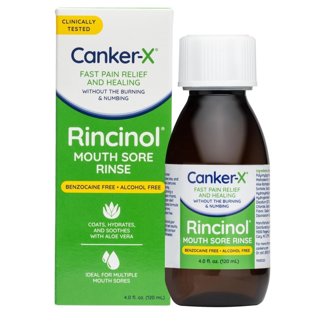 Canker-X Rincinol Oral Rinse Mouthwash, Quick Pain Relief from Canker Sores, Mouth Burns & More, Benzocaine Free & Alcohol Free Mouthwash, Adults & 6 Years+ Kids Mouthwash, 4.0 Fl. Oz.
