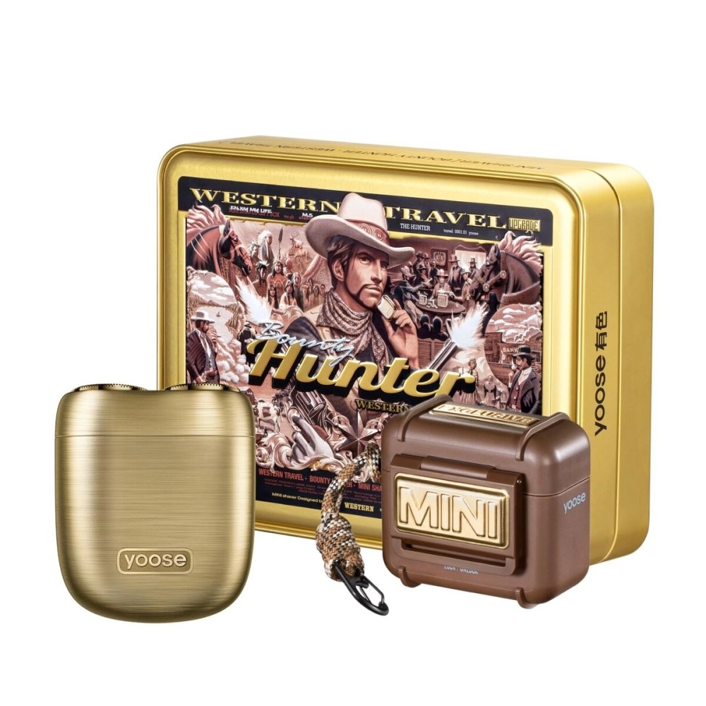 yoose Bounty Hunter Alloy Mini Shaver, Portable Cordless Travel Electric Shaver, Leather Case and Replacement Head Included, USB-C Rechargeable Electric Razor for Men, Waterproof, Dry Shave, Gold