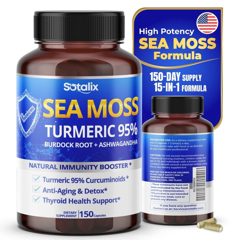 SOTALIX SUPPLEMENT Organic Irish Sea Moss Capsule 12000mg with Turmeric 95% Std. Curcuminoids, Burdock Root, Bladderwrack - Powerful Natural Immunity Booster - USA Made