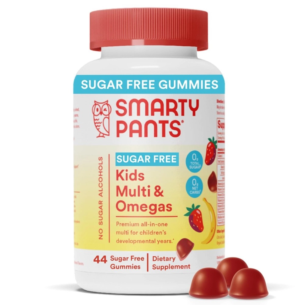 SmartyPants Kids Multivitamin Gummies, Sugar Free: Omega 3 (ALA), Vitamin D3, C, Vitamin B12, B6, Vitamin A, K & Zinc for Immune Support, Erythritol Free, Strawberry Banana, 44 Count (22 Day Supply)