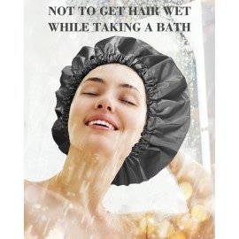 Aquior Shower Caps, Reusable Shower Cap for Women, Double Layer Waterproof Hair Cap, Large Size for All Hair Lengths,for Girls Spa Home Salon Use (Black)