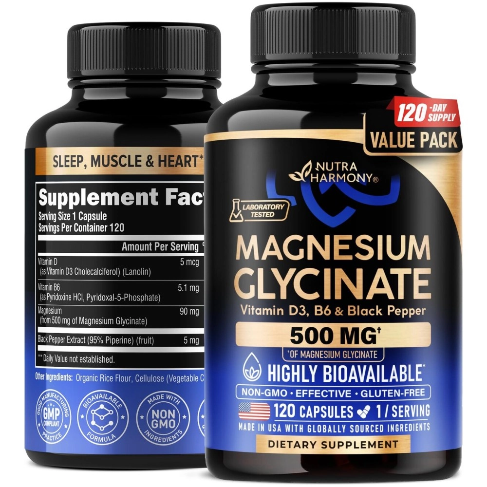 Magnesium Glycinate 500 mg - Supplement w/Vitamin D3 & B6 - Chelated, 98% Absorption - Support for Proper Sleep, Muscle & Heart Health - Made in USA - Vegan & Non-GMO - 120 Capsules, 4 Month Supply