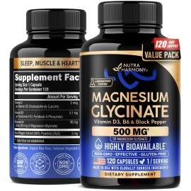 Magnesium Glycinate 500 mg - Supplement w/Vitamin D3 & B6 - Chelated, 98% Absorption - Support for Proper Sleep, Muscle & Heart Health - Made in USA - Vegan & Non-GMO - 120 Capsules, 4 Month Supply