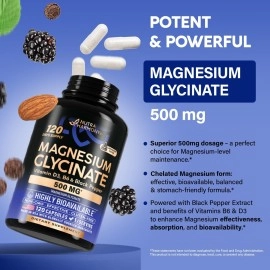 Magnesium Glycinate 500 mg - Supplement w/Vitamin D3 & B6 - Chelated, 98% Absorption - Support for Proper Sleep, Muscle & Heart Health - Made in USA - Vegan & Non-GMO - 120 Capsules, 4 Month Supply