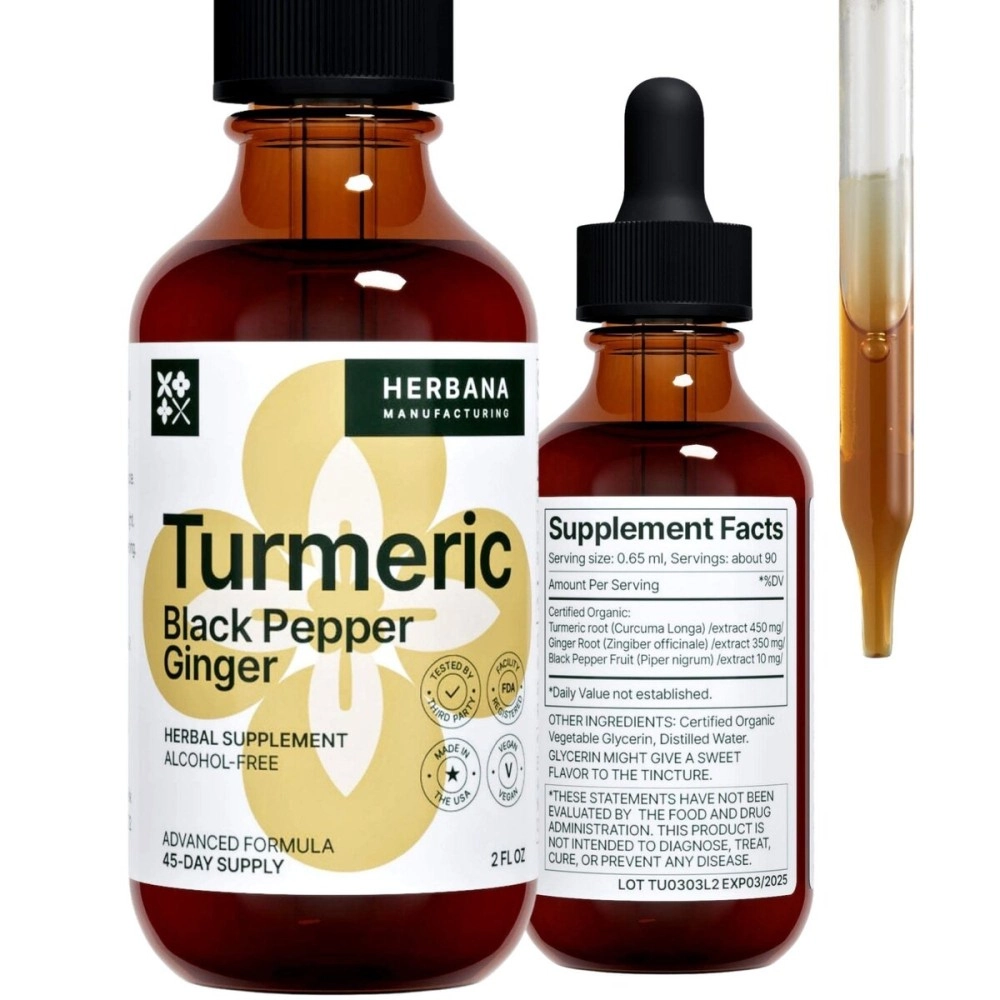Turmeric 3-in-1 Liquid Extract 2 fl oz - Curcumin & Ginger, Black Pepper - Natural Herbal Supplement - Joints & Muscle Support Drops - Immune and Brain Booster Tincture - High Potency - 45-Day Supply