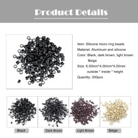Hairro Micro Link Beads 200pcs 6mm Silicone Lined Micro Rings for Human Hair Extensions Feather Extensions Black