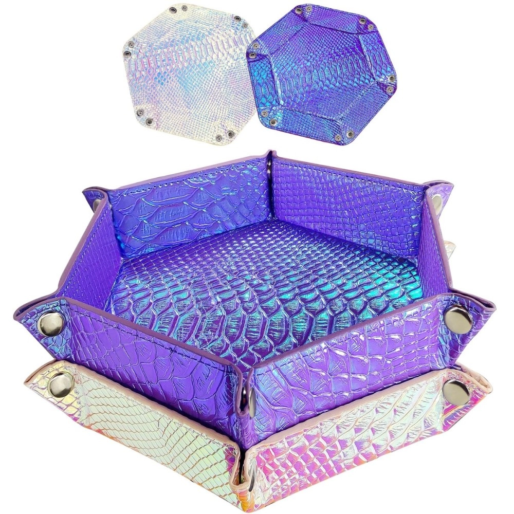 SIQUK 2 Pieces Mermaid Dice Tray PU Leather Dice Trays Portable Folding Hexagon Dice Roller Tray for Dice Games Like RPG, DND and Other Table Games (Violet, Light Violet)