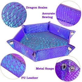 SIQUK 2 Pieces Mermaid Dice Tray PU Leather Dice Trays Portable Folding Hexagon Dice Roller Tray for Dice Games Like RPG, DND and Other Table Games (Violet, Light Violet)