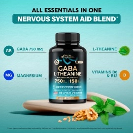 GABA L-Theanine - Stress Relief Supplement 900mg - Made in USA - Magnesium | Vitamin B6 - Natural Calm | Sleep | Relaxation | Mood Support - 750 mg Gamma AminoButyric Acid - 120 Vegan Non-GMO Capsules