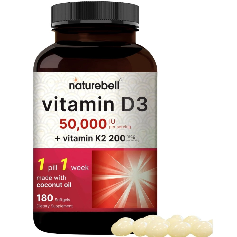 NatureBell Vitamin D3 50,000 iu with K2 200 mcg, 180 Coconut Oil Softgels | Vitamins D as Cholecalciferol & K as MK-7 | Max Strength Bone, Heart, Immune, & Calcium Support | Once Weekly, Non-GMO