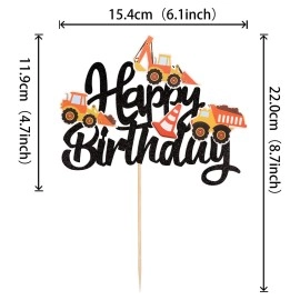 1 PCS Construction Happy Birthday Cake Topper Glitter Construction Cake Pick Dump Truck Excavator Tractor Cake Decorations for Construction Theme Baby Shower Kids Birthday Party Supplies Black