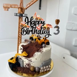 1 PCS Construction Happy Birthday Cake Topper Glitter Construction Cake Pick Dump Truck Excavator Tractor Cake Decorations for Construction Theme Baby Shower Kids Birthday Party Supplies Black