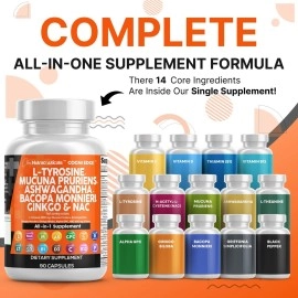 Clean Nutraceuticals L Tyrosine 1000mg Mucuna Pruriens 6000mg Bacopa Monnieri 500mg Ashwagandha 4000mg Focus Supplement w/N-Acetyl Cysteine 600mg NAC 5-HTP Ginkgo Biloba Alpha GPC Vitamin C D B1 B12