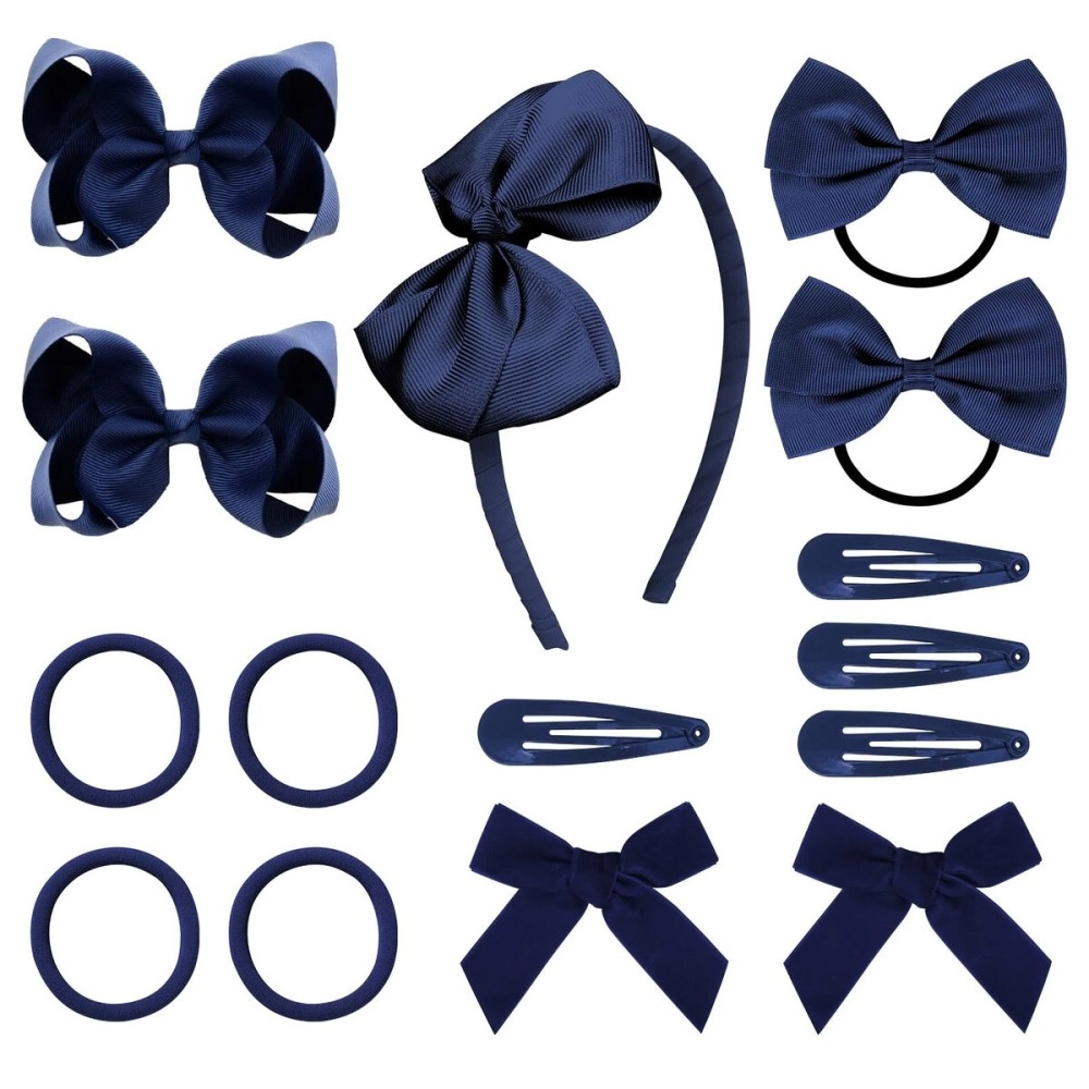 DEEKA Navy Blue Hair Accessories Set - 15 Pieces Uniform Hair Bows, Hair Clips, Headband, Hair Ties for Little Girls - Navy Blue