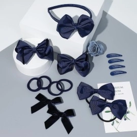 DEEKA Navy Blue Hair Accessories Set - 15 Pieces Uniform Hair Bows, Hair Clips, Headband, Hair Ties for Little Girls - Navy Blue