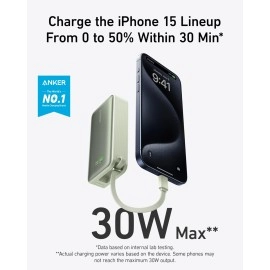 Anker Nano Power Bank, 10,000 mAh Power Bank with Built-in USB-C Cable, PD 30 W Maximum Power with 1 x USB-C, 1 x USB-A, Compatible with iPhone 15/14 Series, MacBook, Galaxy, iPad, AirPods and More