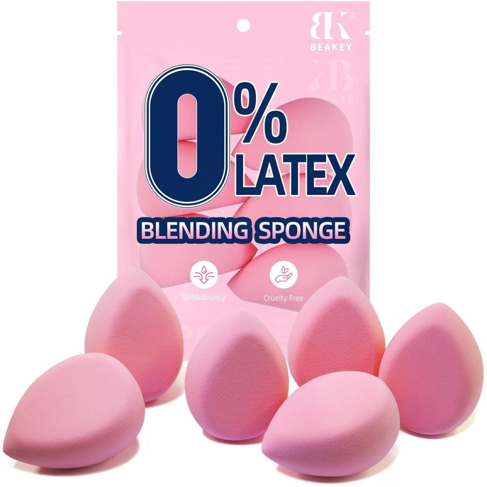 BEAKEY Flat Duo Makeup Sponge of 6, Super Soft 0 Latex Blending Sponge for Flawless Application - Liquid, Cream, Powder, Patented Design,Pink