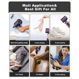 7MAGIC High-Speed Hair Dryer, 110,000RPM Brushless Motor for Fast Drying, 1400W Blow Dryer with Tri-Colour LED Light Ring, Low Noise Ionic Hair Dryer for Home and Travel, Magnetic Nozzle, Purple