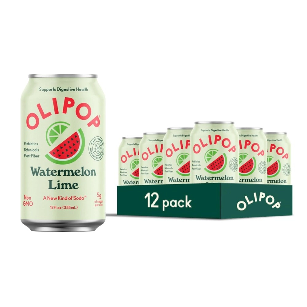 OLIPOP Prebiotic Soda Pop, Watermelon Lime, A New Kind of Soda Packed with Prebiotics, Fiber, and Botanicals, Gluten Free, Vegan, GMO Free, 12oz (12-Cans)