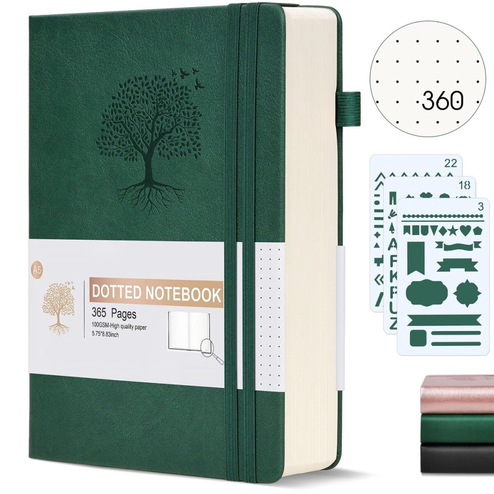 Ansopu Dotted Journal Notebook, 360 Numbered Pages Bullet Dot Grid Journals, 100gsm Dot Paper Thick Hardcover Leather Journal for Writing Women Men, A5 Small Dotted Grid Notebooks for Work School