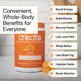 Create Creatine Monohydrate Gummies for Men & Women, Boost Focus, Strength, and Endurance, Anti-Melting Formula, Vegan, Gluten-Free, Non-GMO, 1.5g of Creatine per Gummy (Orange, 90ct)