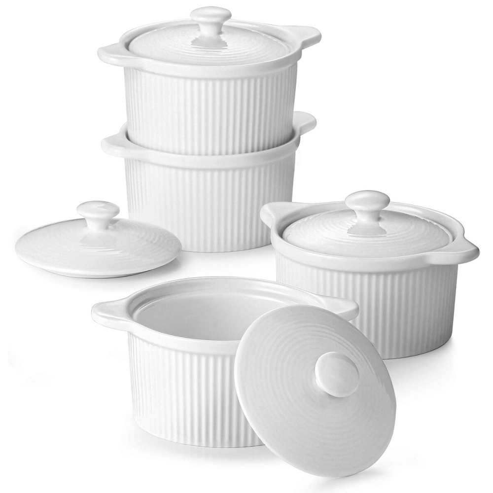 DOWAN 10 oz Ramekins with Lids Oven Safe, Creme Brulee Ramekin, Porcelain Souffle Dish Small Bowls, Stackable Ramekins with Cover and Handle for Baking, Set of 4, Soft White