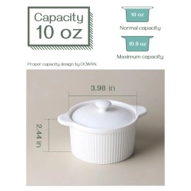 DOWAN 10 oz Ramekins with Lids Oven Safe, Creme Brulee Ramekin, Porcelain Souffle Dish Small Bowls, Stackable Ramekins with Cover and Handle for Baking, Set of 4, Soft White