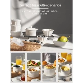 DOWAN 10 oz Ramekins with Lids Oven Safe, Creme Brulee Ramekin, Porcelain Souffle Dish Small Bowls, Stackable Ramekins with Cover and Handle for Baking, Set of 4, Soft White