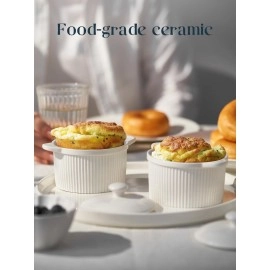 DOWAN 10 oz Ramekins with Lids Oven Safe, Creme Brulee Ramekin, Porcelain Souffle Dish Small Bowls, Stackable Ramekins with Cover and Handle for Baking, Set of 4, Soft White