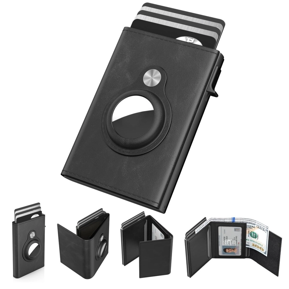 typecase Mens Wallet Card Holder for AirTag: Leather Smart Wallet for Men Compatible with Apple Air Tag, RFID Blocking, Slim, Minimalist - 9-14 Card Capacity | ID Window | Cash Slot (Black)