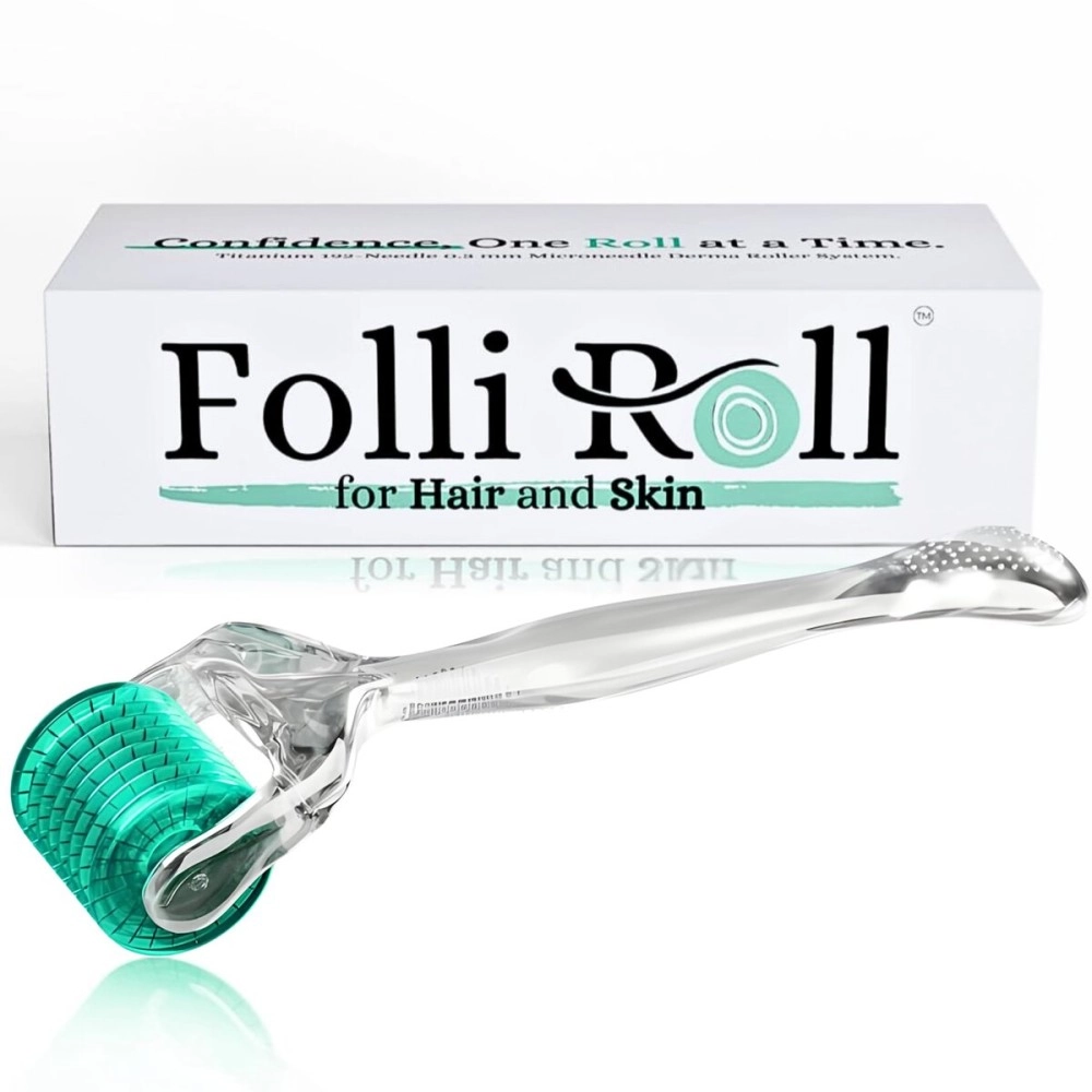 FolliRoll Derma Roller for Hair and Skin - 0.30mm Titanium Microneedles - for Hair Loss, Acne Scars, and Dark Spots - 192 Real Individual Needles with Free Storage Case for Men and Women