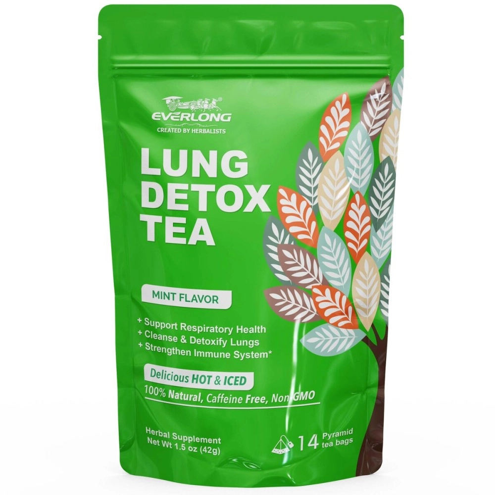EVERLONG Lung Detox Tea - Mullein Tea with Thyme, Ginseng, Lungwort, Eucalyptus, Liquorice, Spearmint and Sage for Lung Cleanse and Respiratory Health - 14 Herbal Tea Bags, All Natural, Caffeine-Free