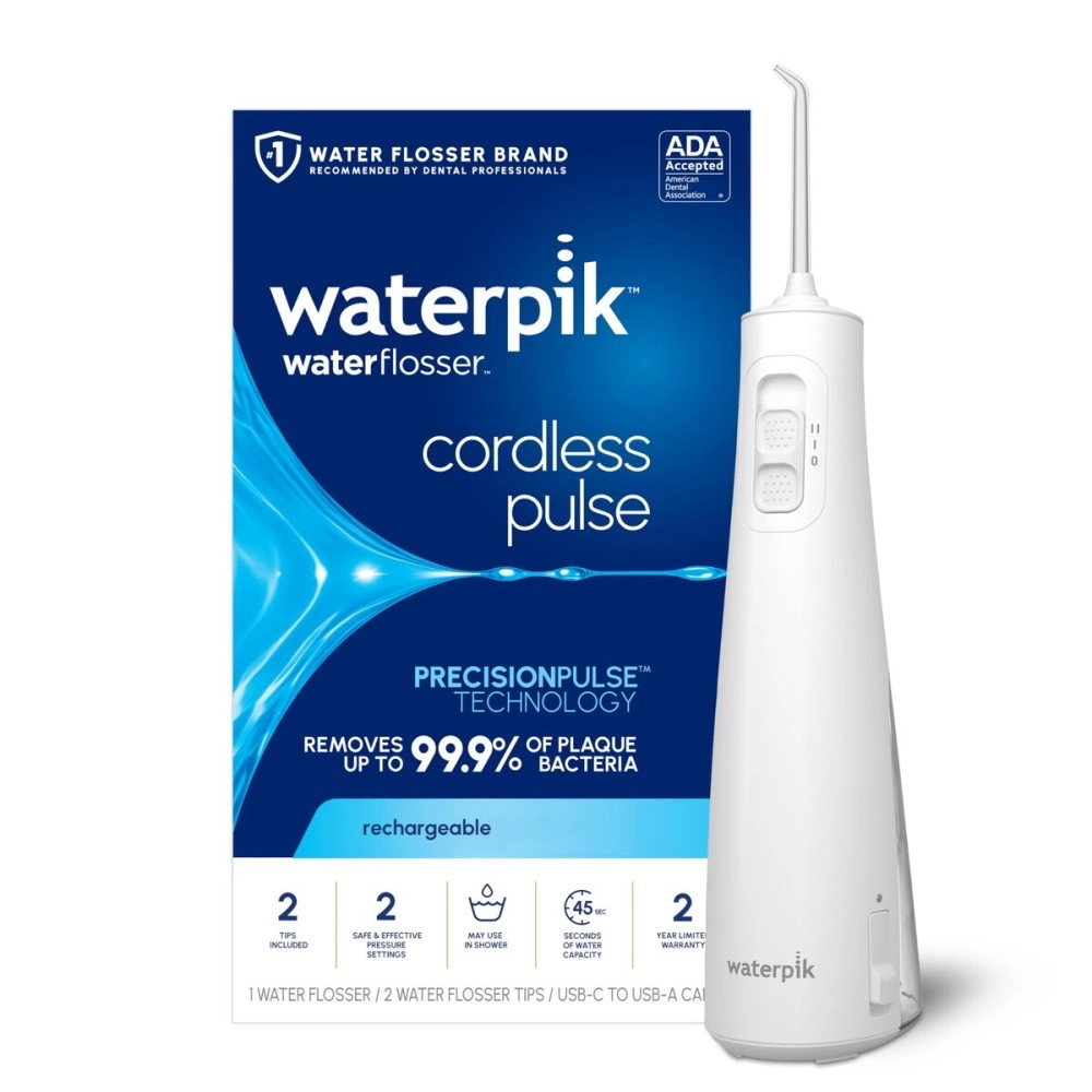Waterpik Cordless Pulse Rechargeable Portable Water Flosser for Teeth, Gums, Braces Care and Travel with 2 Flossing Tips, Waterproof, ADA Accepted, WF-20 White, Packaging May Vary