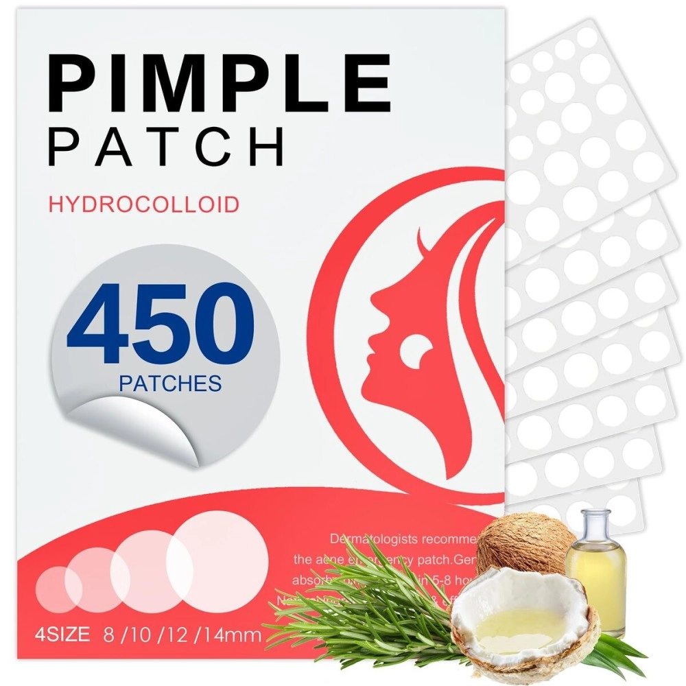YHOVID 450 Pimple Patches for Face, Hydrocolloid Acne Patches for Zit Covers, Invisible Skin Stickers for Blemish Spot Treatment, 4 Sizes, with Salicylic Acid, Tea Tree & Coconut Oil