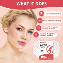 YHOVID 450 Pimple Patches for Face, Hydrocolloid Acne Patches for Zit Covers, Invisible Skin Stickers for Blemish Spot Treatment, 4 Sizes, with Salicylic Acid, Tea Tree & Coconut Oil
