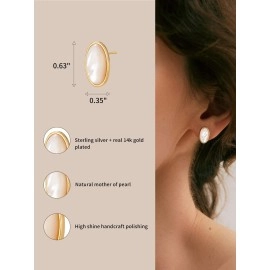 S.Leaf Minimalism Mother of Pearl Stud Earrings for Women Sterling Silver Round Disc Stud Earrings for Women (Oval_15mm_Gold)