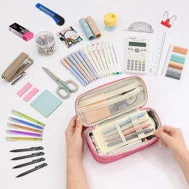 GIFTOXO Preppy Pencil Case for School Supplies, Large Initial Pencil Pouch with Zipper, Cute Pencil Bag for Office Supplies, Pink Aesthetic Pen Case Box for Kids Teen Girls Adults - A