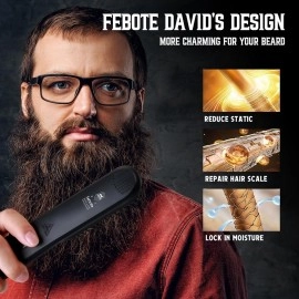 FEBOTE Heated Ionic Hair Straightening Brush for Men - 5 Temperature Settings, Anti-Scald, Beard Shaper & Travel Bag