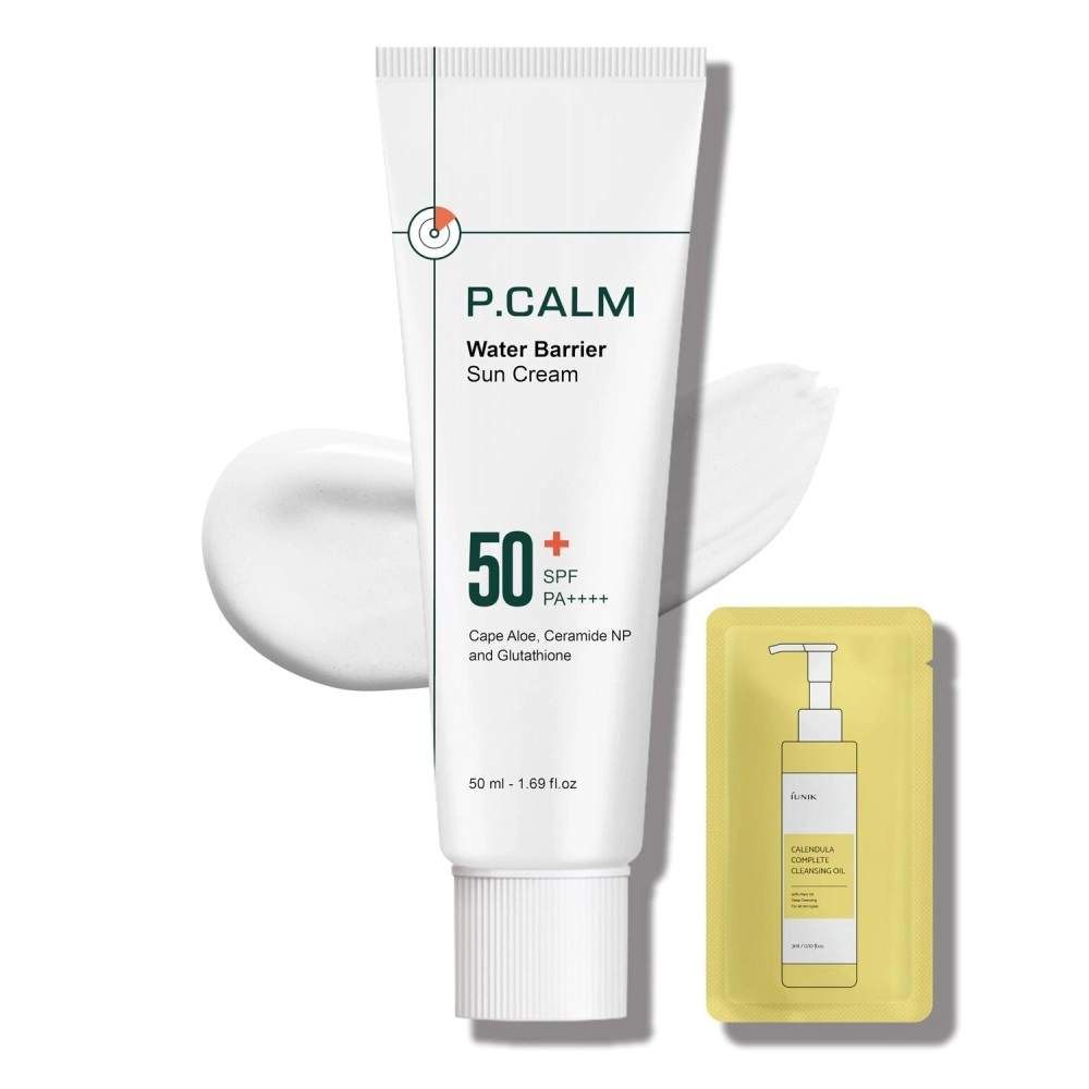 P.CALM Water Barrier Moisturizing Sun Cream Non-greasy No White Cast Light-Weight SPF 50+ PA++++ Vegan Calming Moisture Daily Sunscreen Reef-Safe UVA UVB Dry Oily Sensitive Skin Korean Skincare