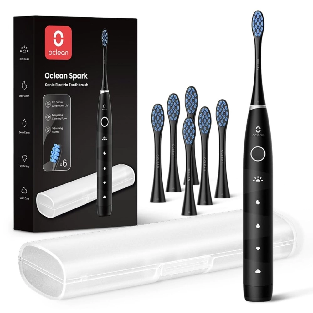 Oclean Electric Toothbrush for Adults, 150 Days Battery Life Electric Toothbrush, USB Rechargeable Sonic Travel Toothbrush with 6 Brush Heads & Travel Case, 5 Modes and Smart Timer