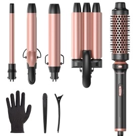 Wavytalk 5 in 1 Curling Wand Set, Dual Voltage Curling Iron Set with 5 Interchangeable Barrels Included A Thermal Brush, A Hair Crimper and 3 Ceramic Curling Wands(0.5-1.25), Rose Pink