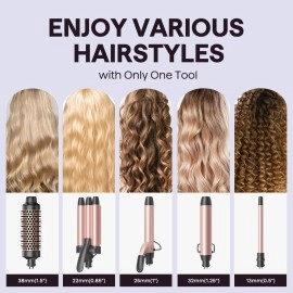 Wavytalk 5 in 1 Curling Wand Set, Dual Voltage Curling Iron Set with 5 Interchangeable Barrels Included A Thermal Brush, A Hair Crimper and 3 Ceramic Curling Wands(0.5-1.25), Rose Pink