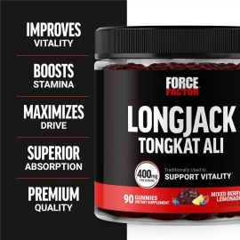 FORCE FACTOR Longjack Tongkat Ali Gummies, Tongkat Ali for Men to Support Male Vitality and Drive, 400mg Tongkat Ali with BioPerine, Mixed Berry Lemonade, 90 Gummies