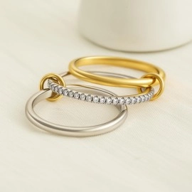 HOLINSE Stackable Rings for Women, Multicolored Connected Ring Set, Gold Silver Multi-Link Connected Ring, Stackable Cubic Zirconia Rings Set, 7, Copper, Cubic Zirconia